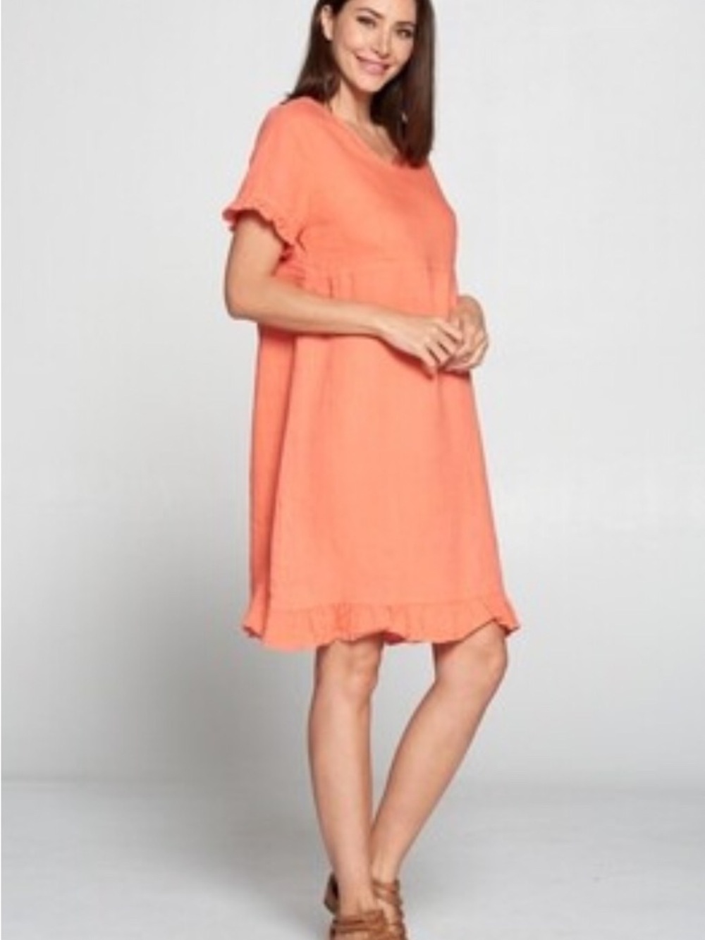 Tangerine Ruffle-Hem Short Sleeve Mini Dress Linen Medium